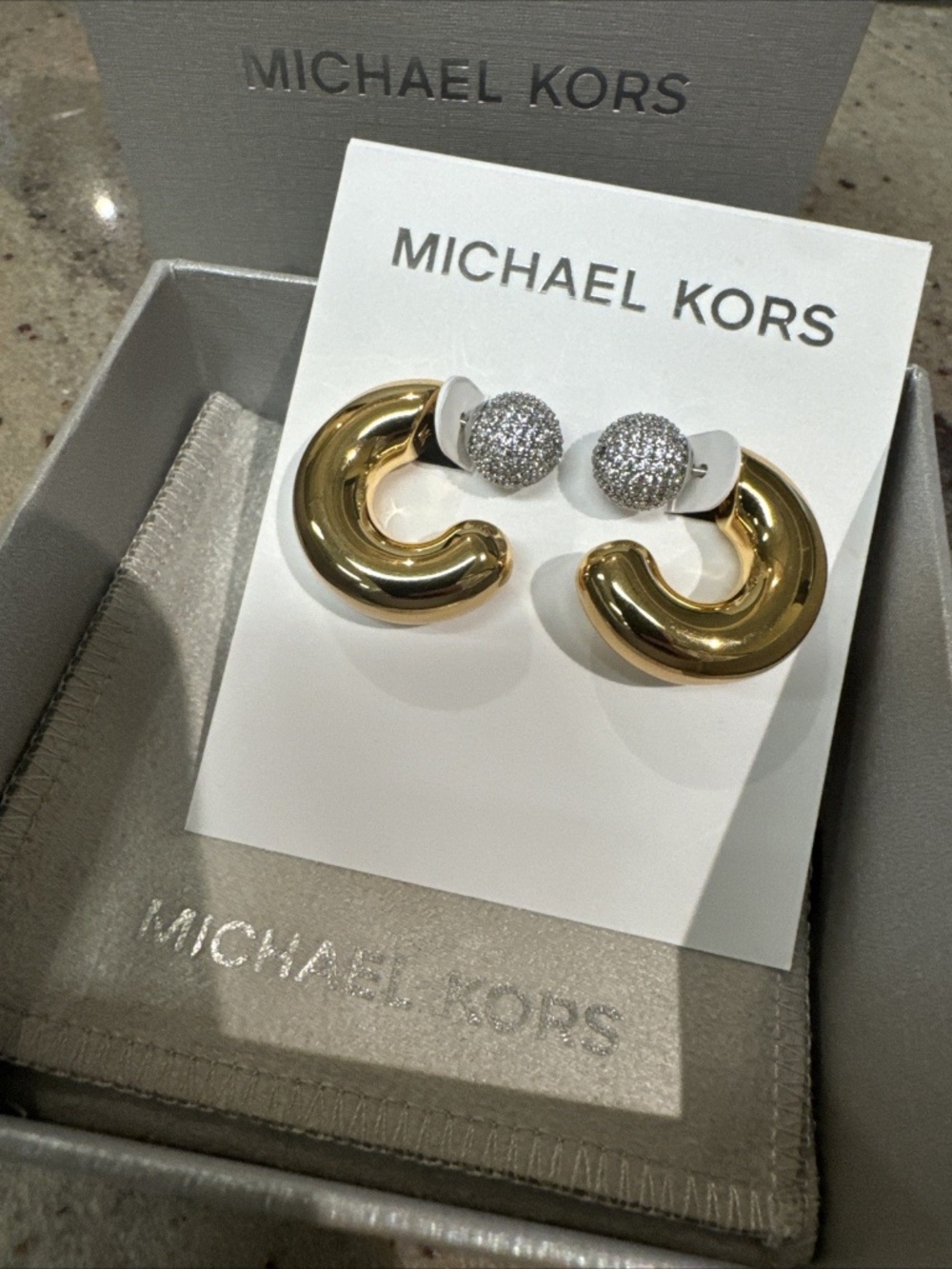 New Michael Kors Metallic Muse Chunky Gold Filled Hoops with CZ